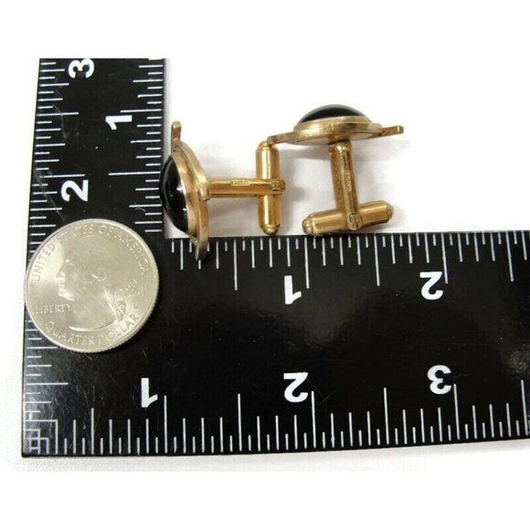 Vintage Cufflinks 1/20 12K Gold Filled Black Onyx Swept Design Signed Janice - Picture 6 of 10